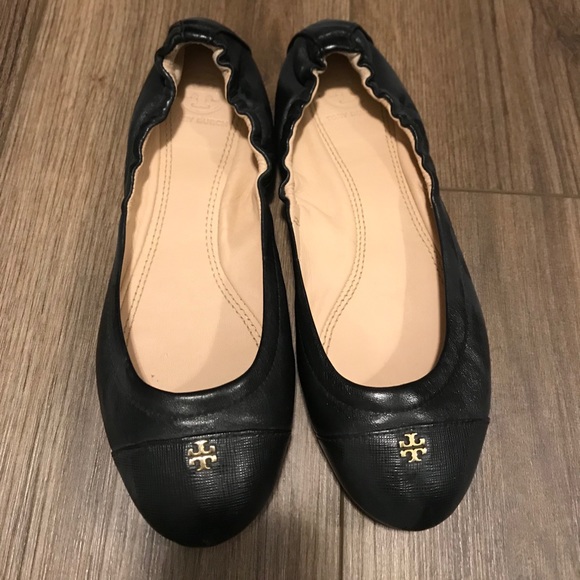 Black Leather Tory Burch Flats - Picture 1 of 4